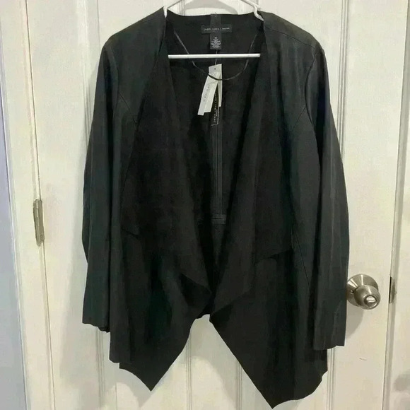 NWT Joan Vass Women's Black Faux Leather Jacket Waterfall Front Size XL Staple - Picture 1 of 6